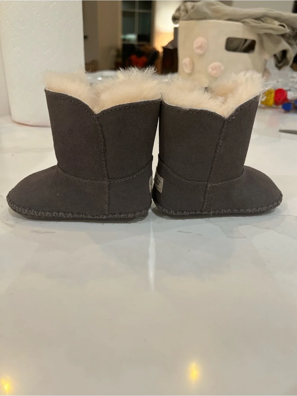 UGG Toddler Cozy Sheepskin Slip-On Booties in Charcoal and Cream